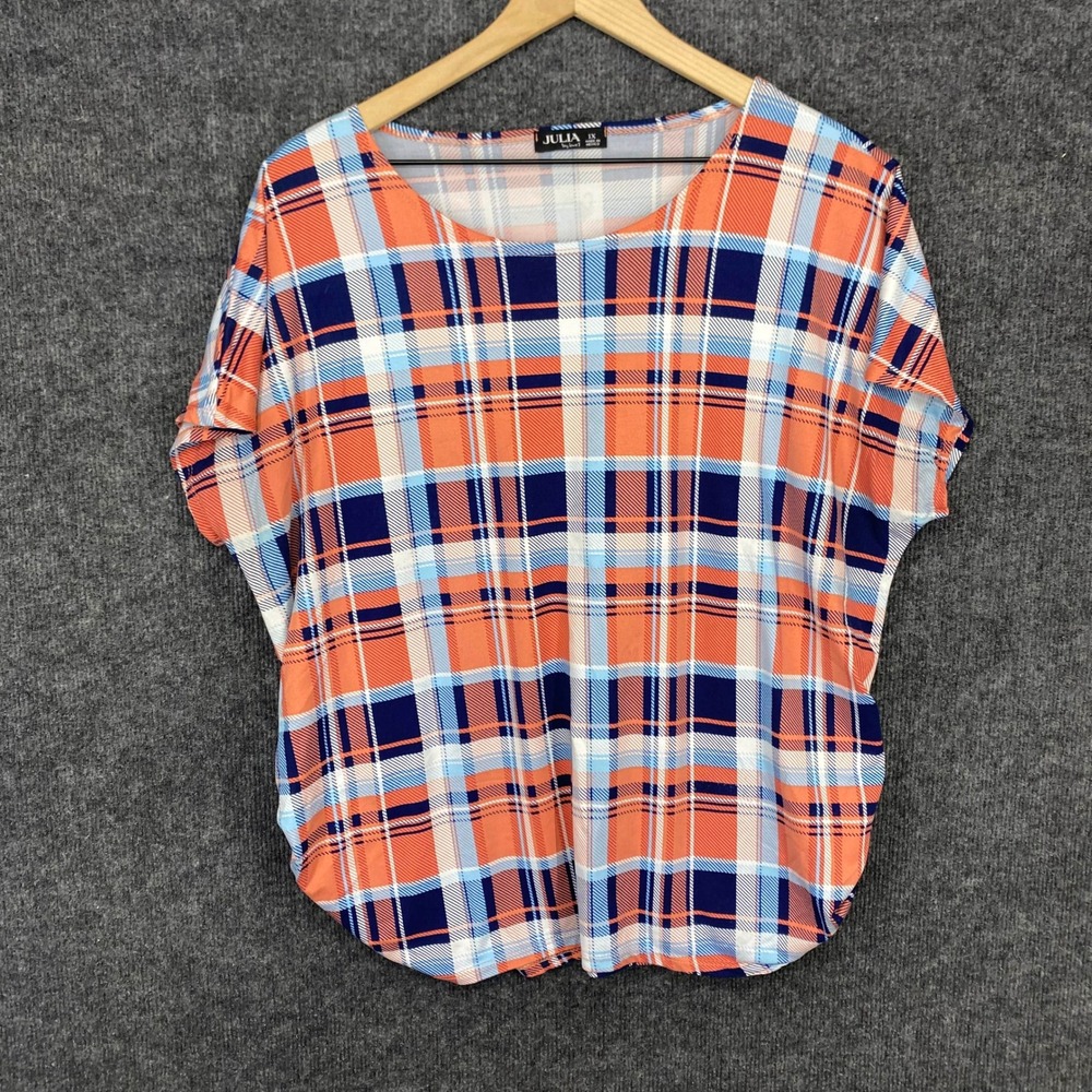 Julia by Love J Orange Blue Plaid Dolman Sleeve Ruched Side Top Plus Size 1X
